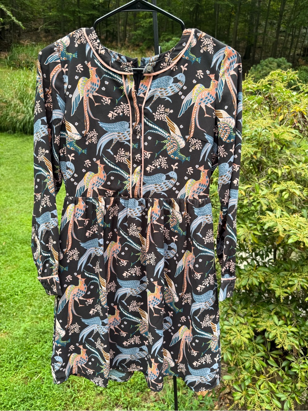 LOFT Black Long-Sleeve Bird Print Dress